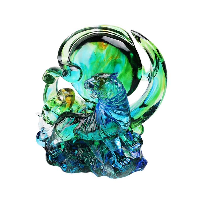 Ornamente de tigru din sticlă de cristal transparent albastru-verde