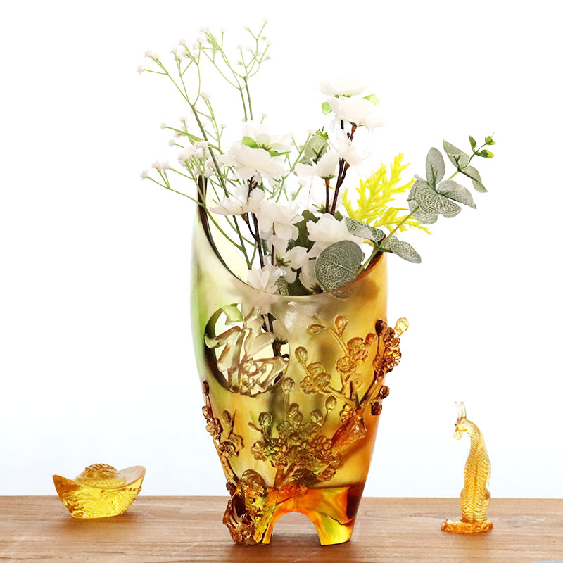 Decoratiuni pentru casa Floare de prun Design sculptat Vaza din sticla chihlimbar