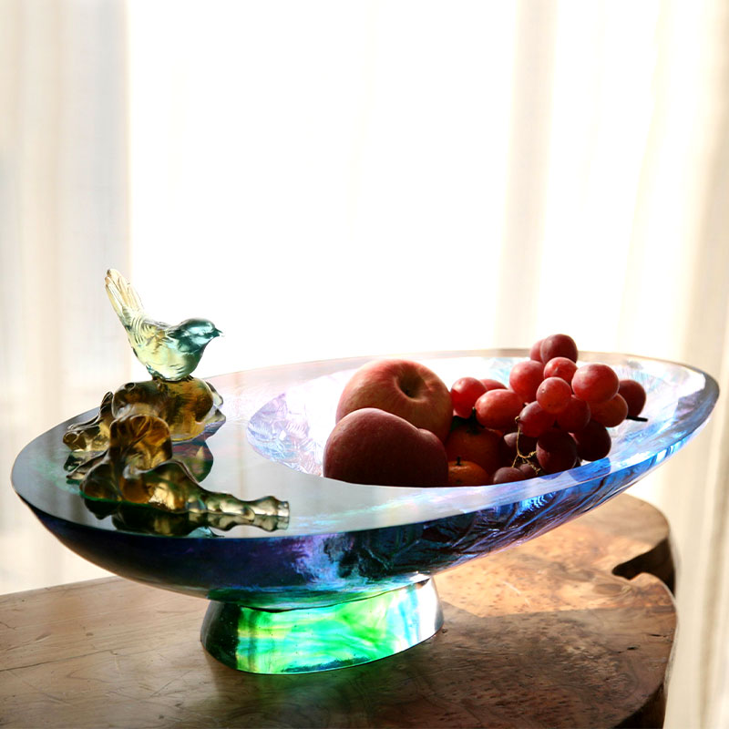 Fructera din sticlă cristal cu decor de păsări