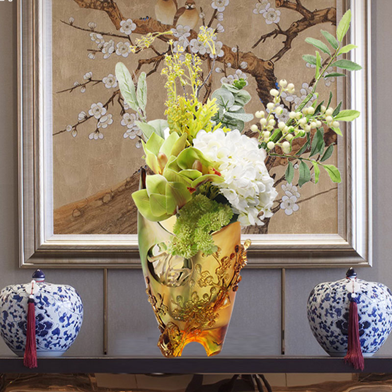 Decoratiuni pentru casa Floare de prun Design sculptat Vaza din sticla chihlimbar