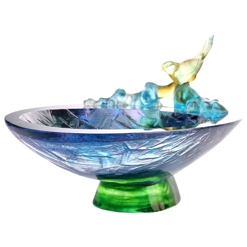 Fructera din sticlă cristal cu decor de păsări