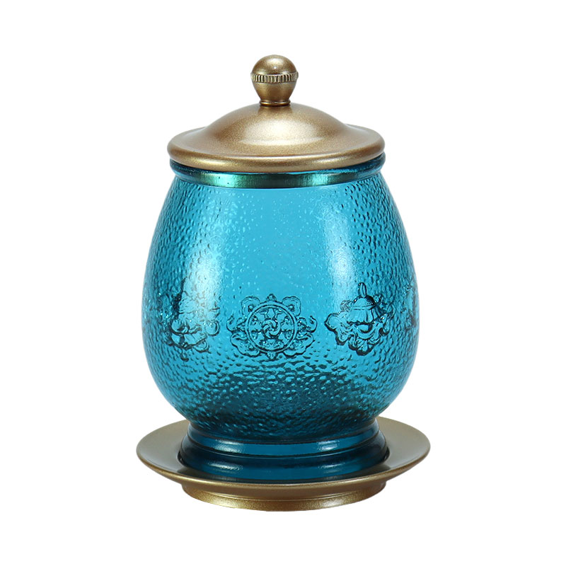 Albastru regal Opt simboluri de bun augur Altarul budist Oferte din sticlă de cristal