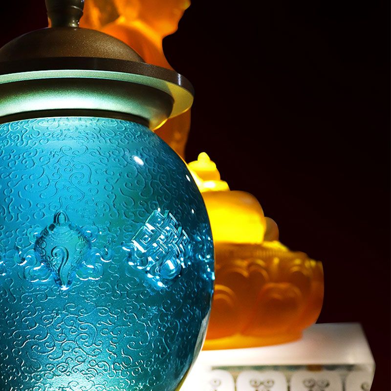 Albastru regal Opt simboluri de bun augur Altarul budist Oferte din sticlă de cristal