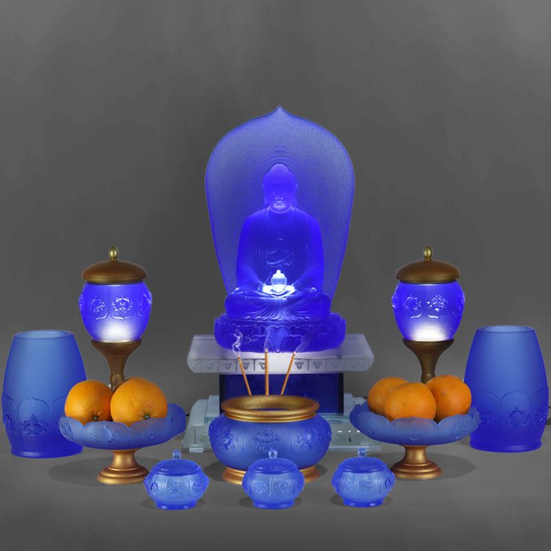 Set ofrande din sticlă de cristal din seria Eight Treasures Lotus Altar budist